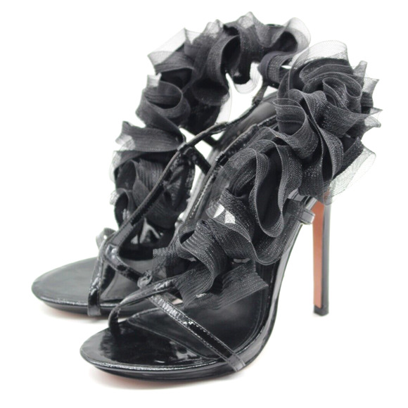 ZigiNY Zigi NY Black Satin Chiffon Ruffle Wedding Prom Sandal Heels Size 7.5 - Picture 3 of 8